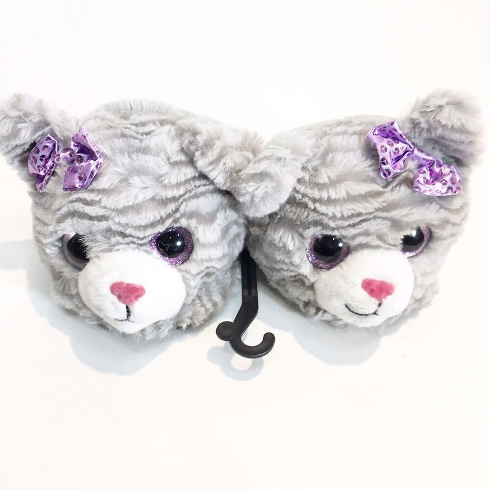 Dan Dee Girls Fuzzy Gray Cat Purple Bow Slippers House Shoes Size Small‎ 11/12